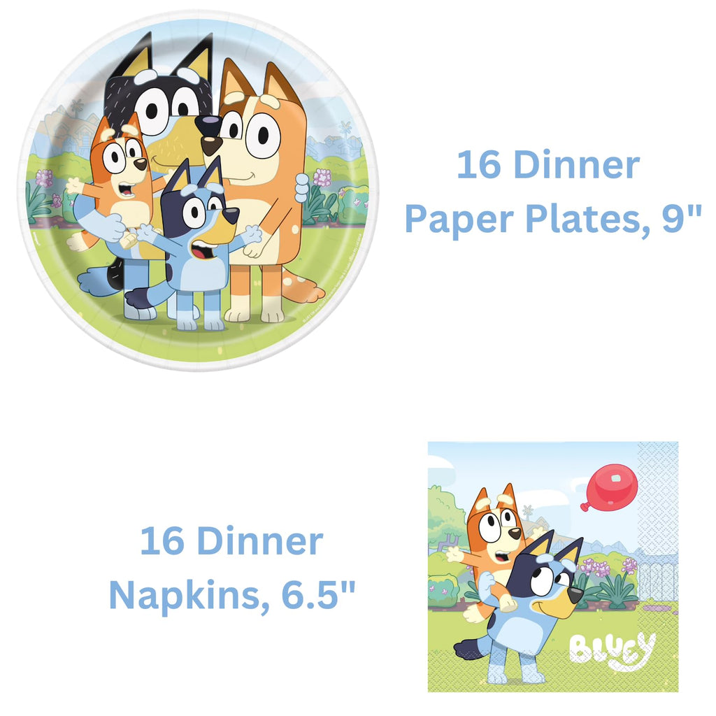 Unique Bluey Birthday Party Decor Set for 16 Guests – Plates, Napkins, Forks & Sticker