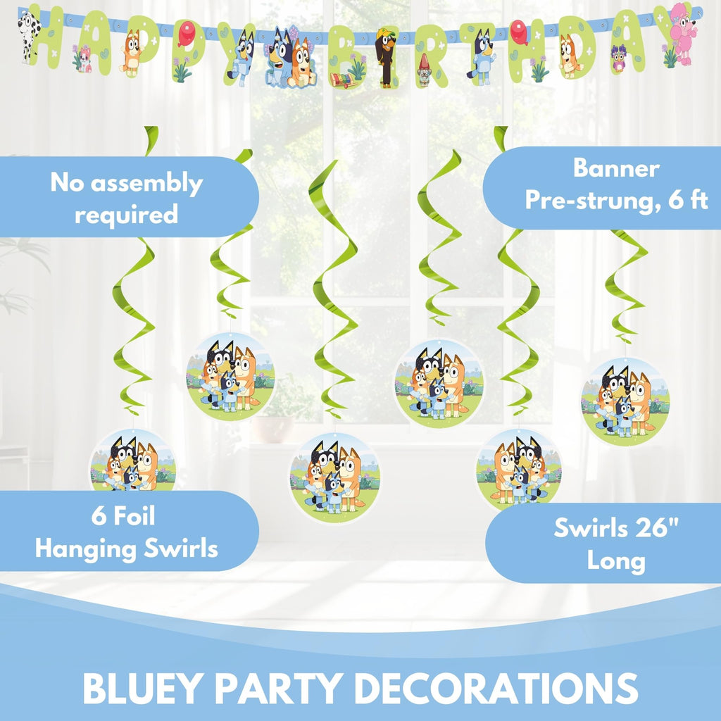 Bluey Birthday Banner with 6 Hanging Swirls – Officially Licensed by Unique
