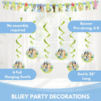 Bluey Birthday Banner with 6 Hanging Swirls – Officially Licensed by Unique
