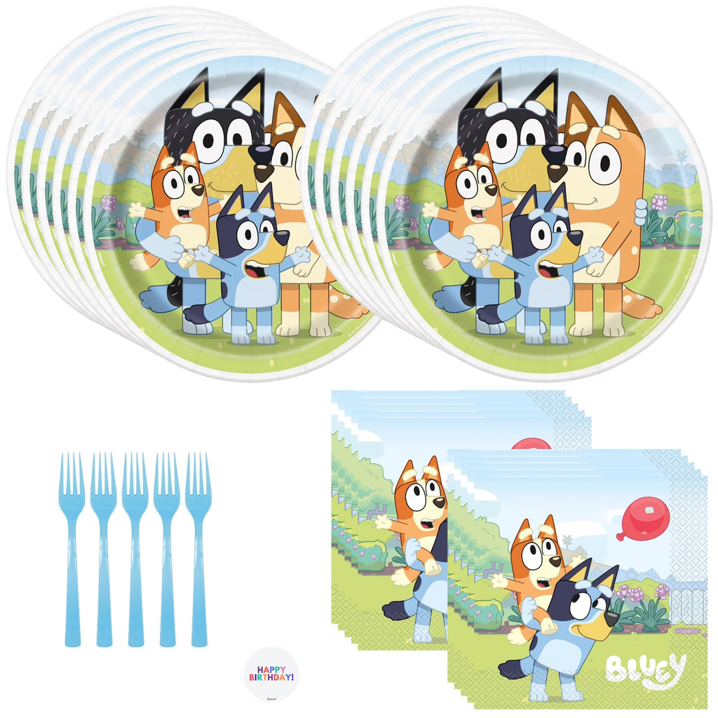 Unique Bluey Birthday Party Decor Set for 16 Guests – Plates, Napkins, Forks & Sticker