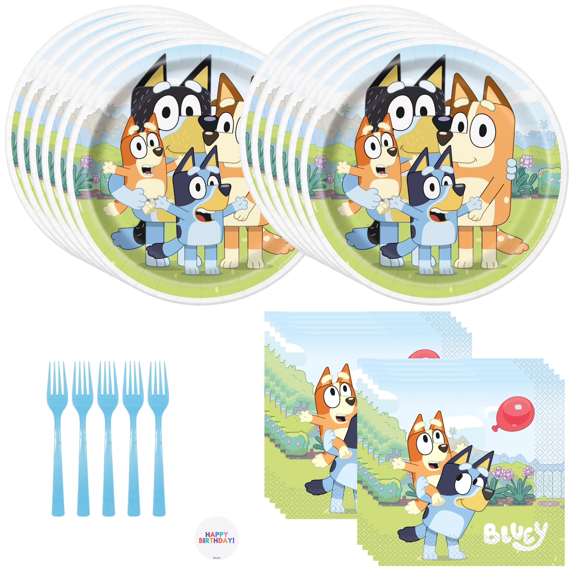 Unique Bluey Birthday Party Decor Set for 16 Guests – Plates, Napkins, Forks & Sticker