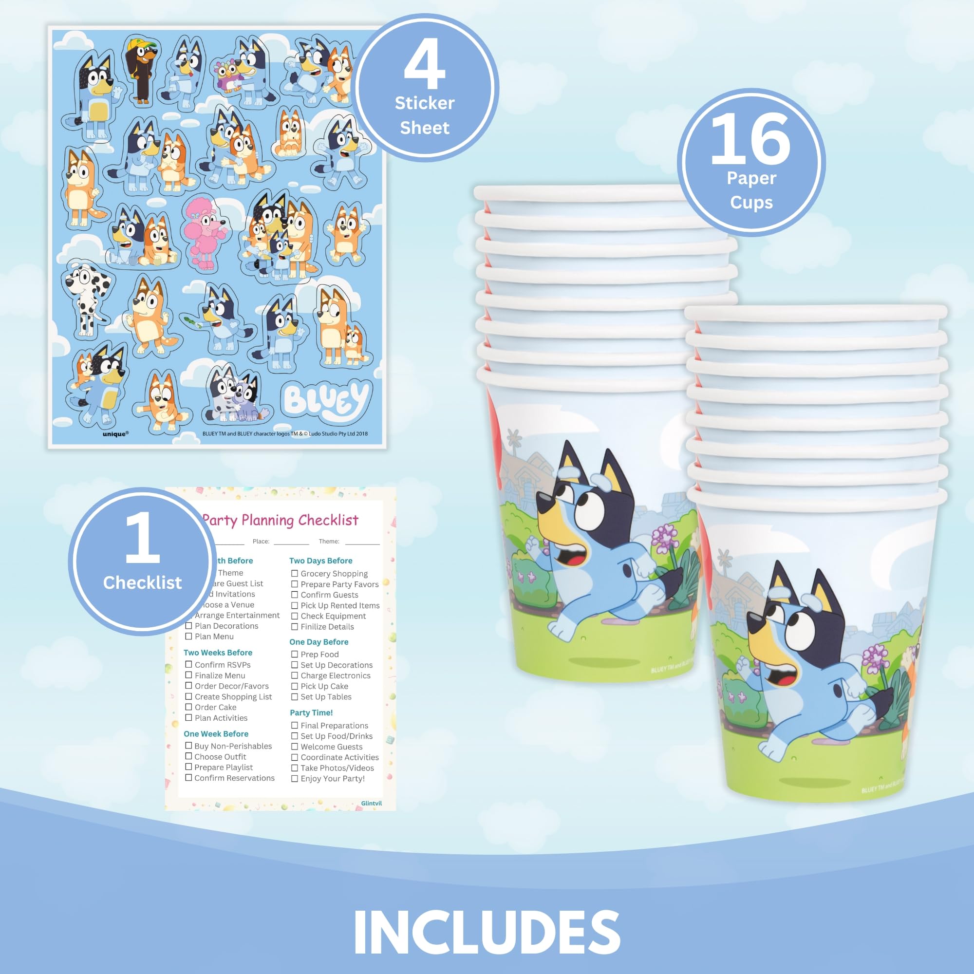 Unique Bluey Cups with Stickers – 16 Paper Cups, 4 Sticker Sheets | Officially Licensed Party Supplies