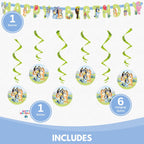 Bluey Birthday Banner with 6 Hanging Swirls – Officially Licensed by Unique