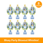 Unique Bluey Party Hats & Blowouts – 8 Hats, 8 Blowouts + Celebrate With Me Sticker