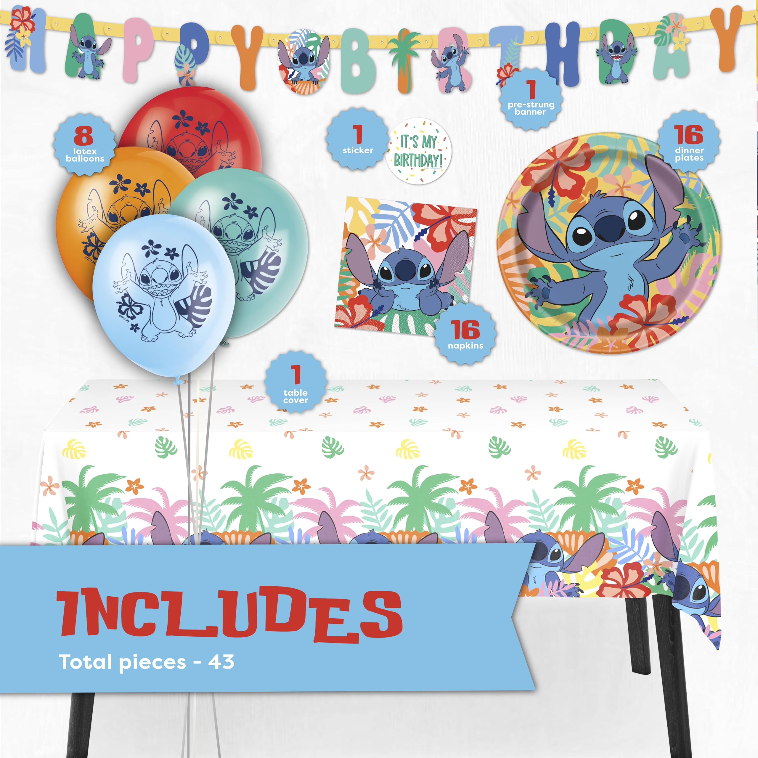 Unique Lilo and Stitch Birthday Decorations for 16 | Banner, Table Cover, Balloons, Plates & Napkins | Officially Licensed