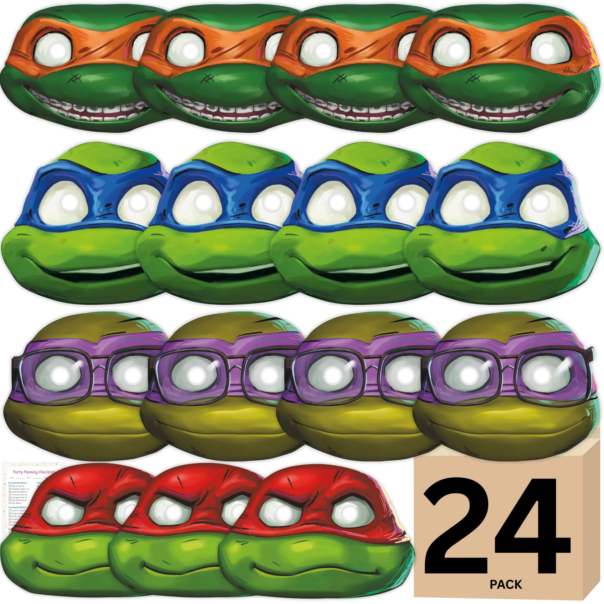Unique Ninja Turtle Masks for Kids Party - 24 Count | TMNT Birthday Favors & Officially Licensed - Includes Checklist