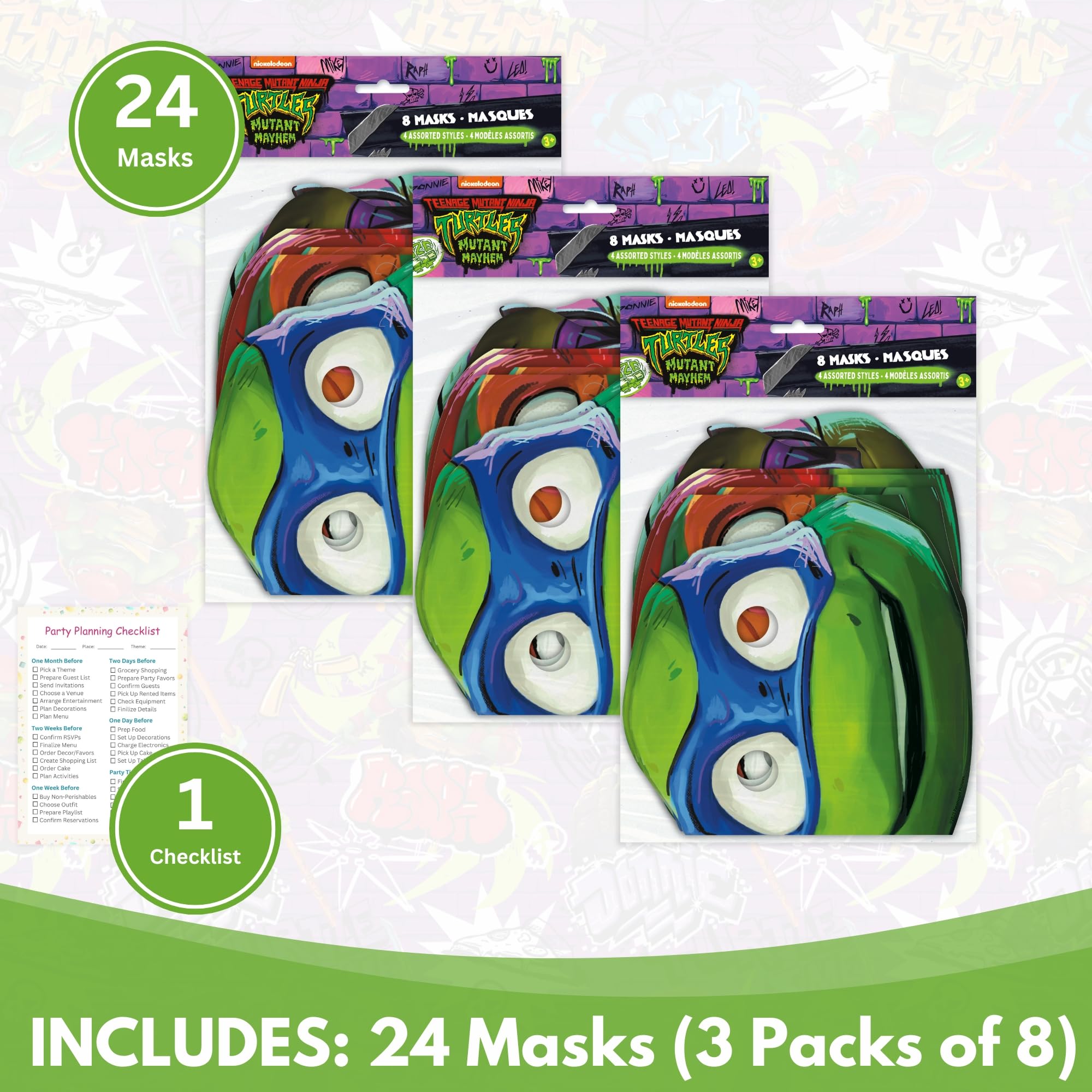 Unique Ninja Turtle Masks for Kids Party - 24 Count | TMNT Birthday Favors & Officially Licensed - Includes Checklist