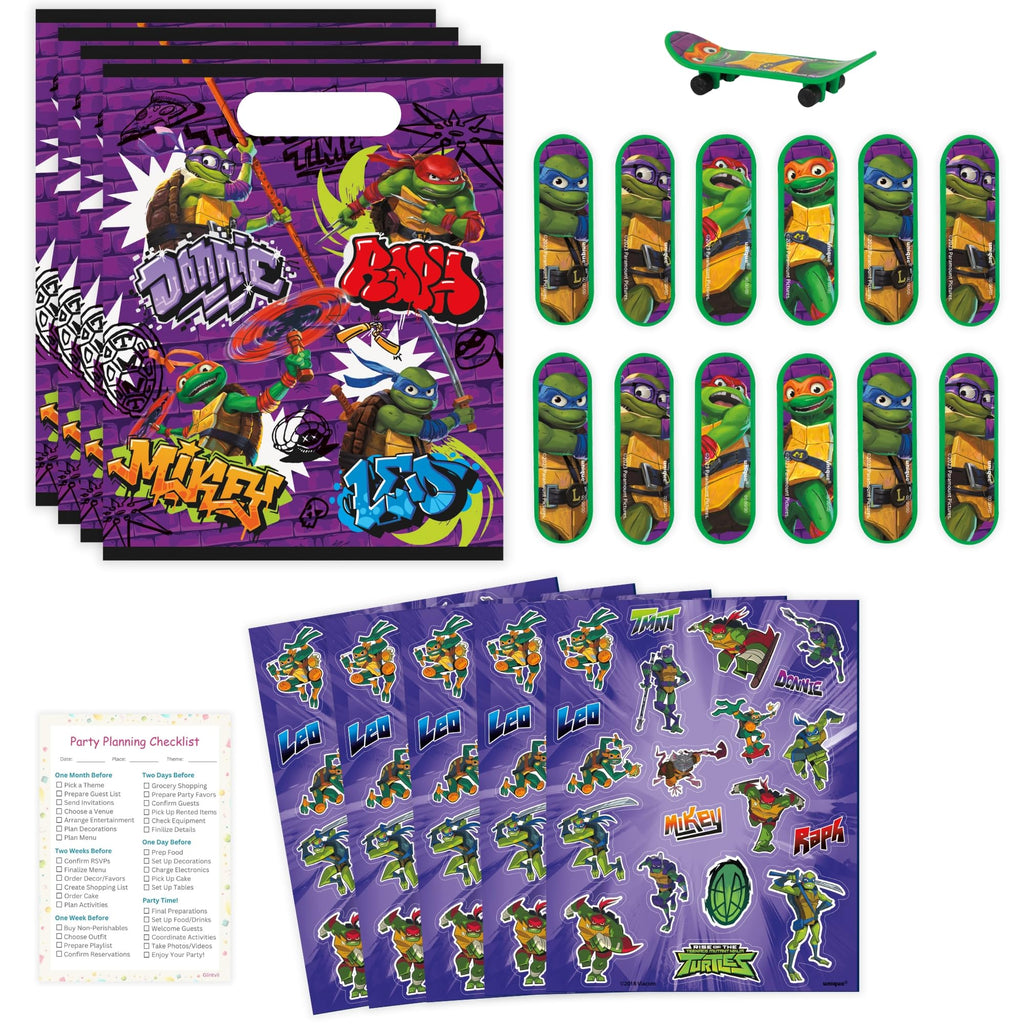 Unique Ninja Turtle Party Favors Pack – 16 Guests, TMNT Bags, Stickers, Mini Skateboards