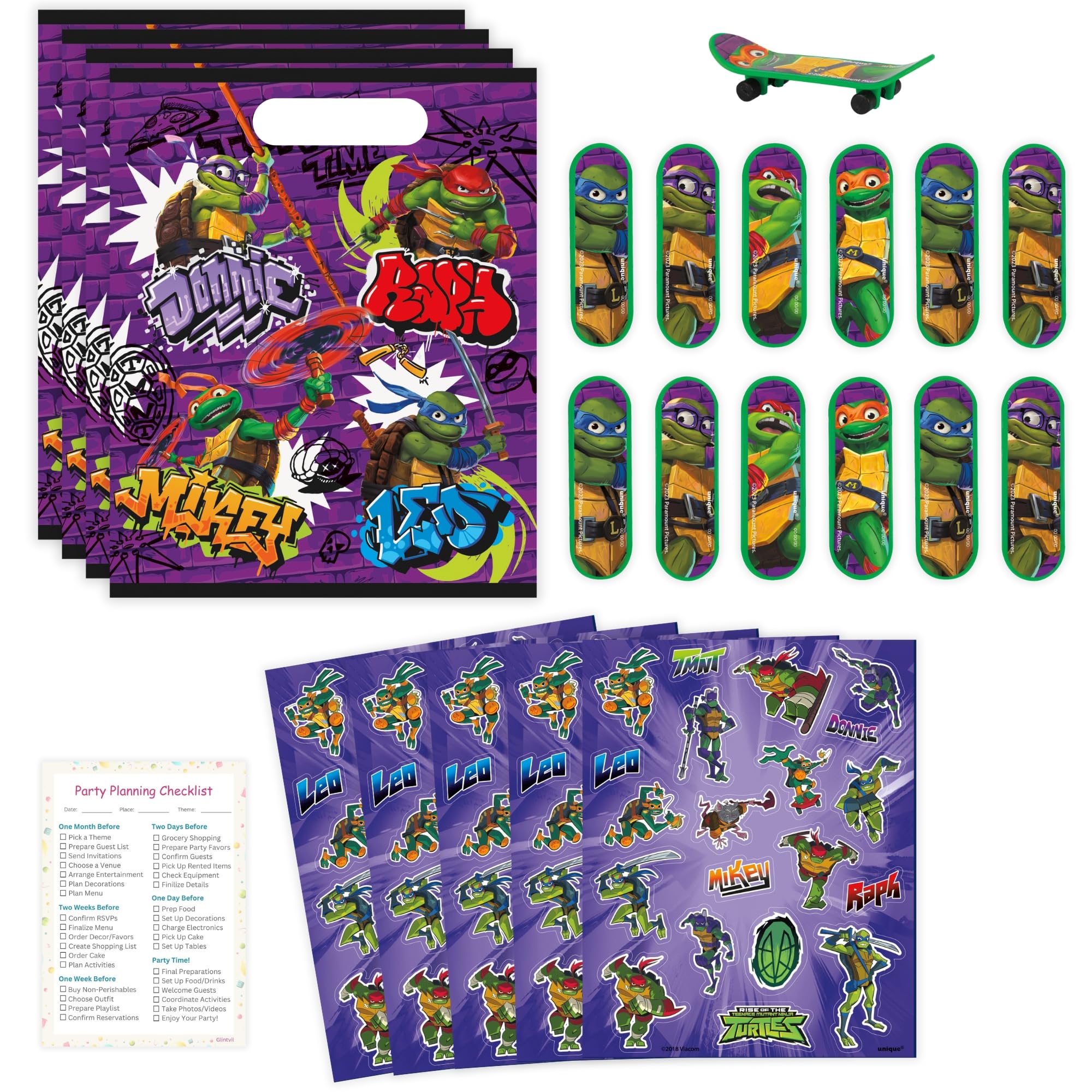 Unique Ninja Turtle Party Favors Pack – 16 Guests, TMNT Bags, Stickers, Mini Skateboards