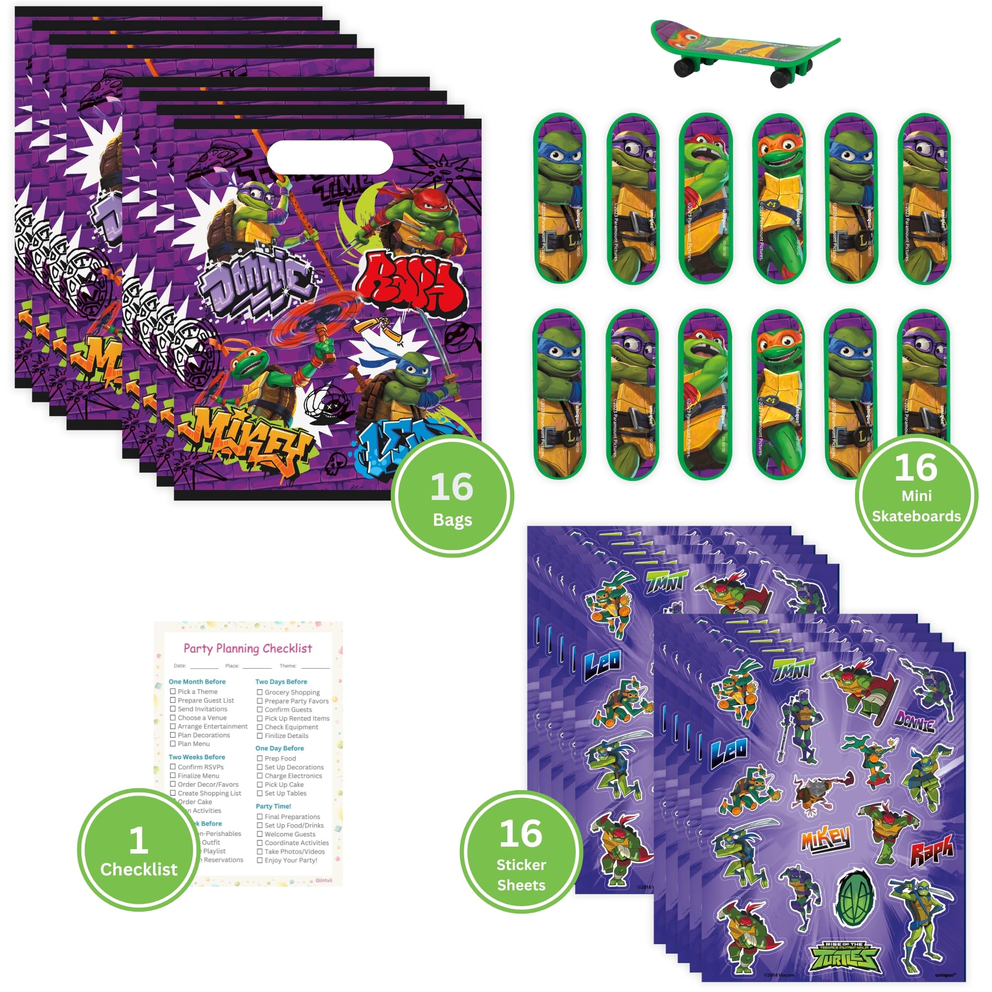 Unique Ninja Turtle Party Favors Pack – 16 Guests, TMNT Bags, Stickers, Mini Skateboards