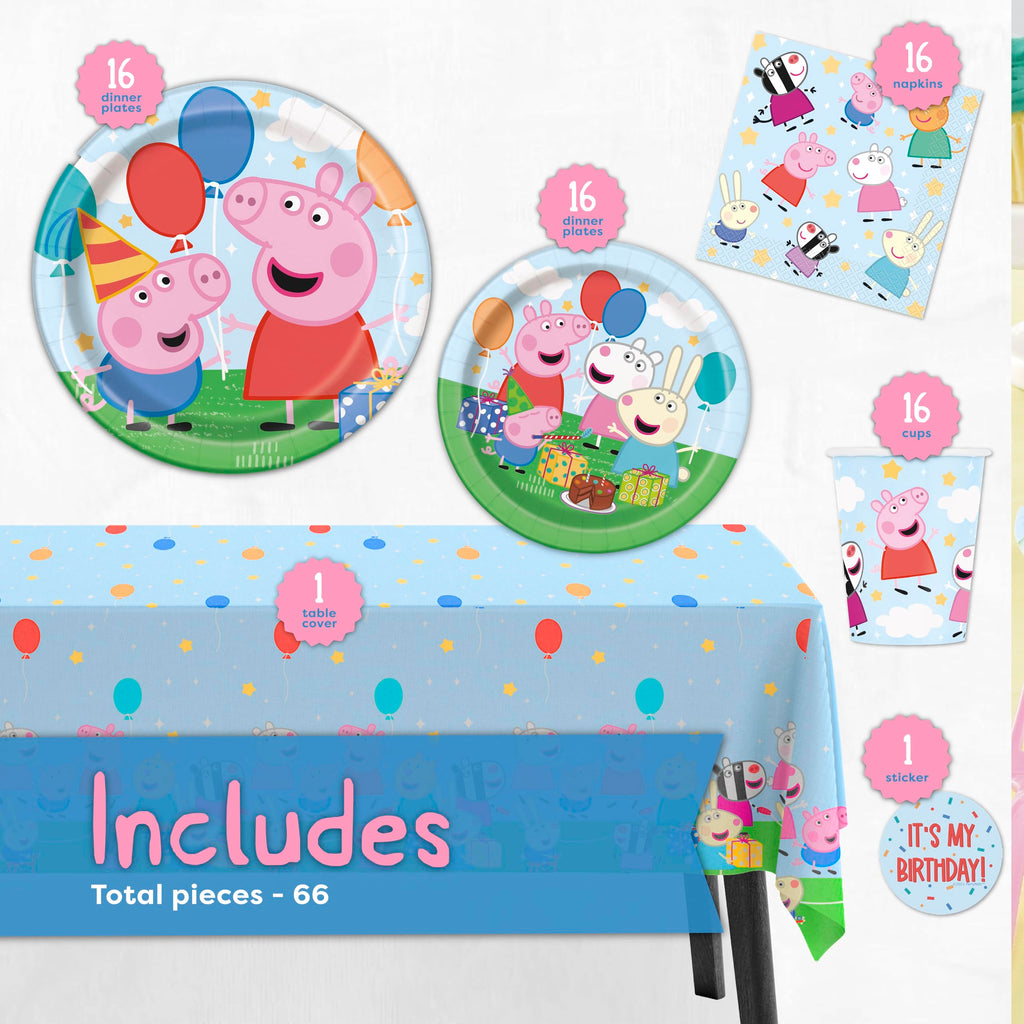 Unique Peppa Pig Birthday Party Supplies for 16 Guests – Table Cover, Plates, Napkins, Cups & Sticker