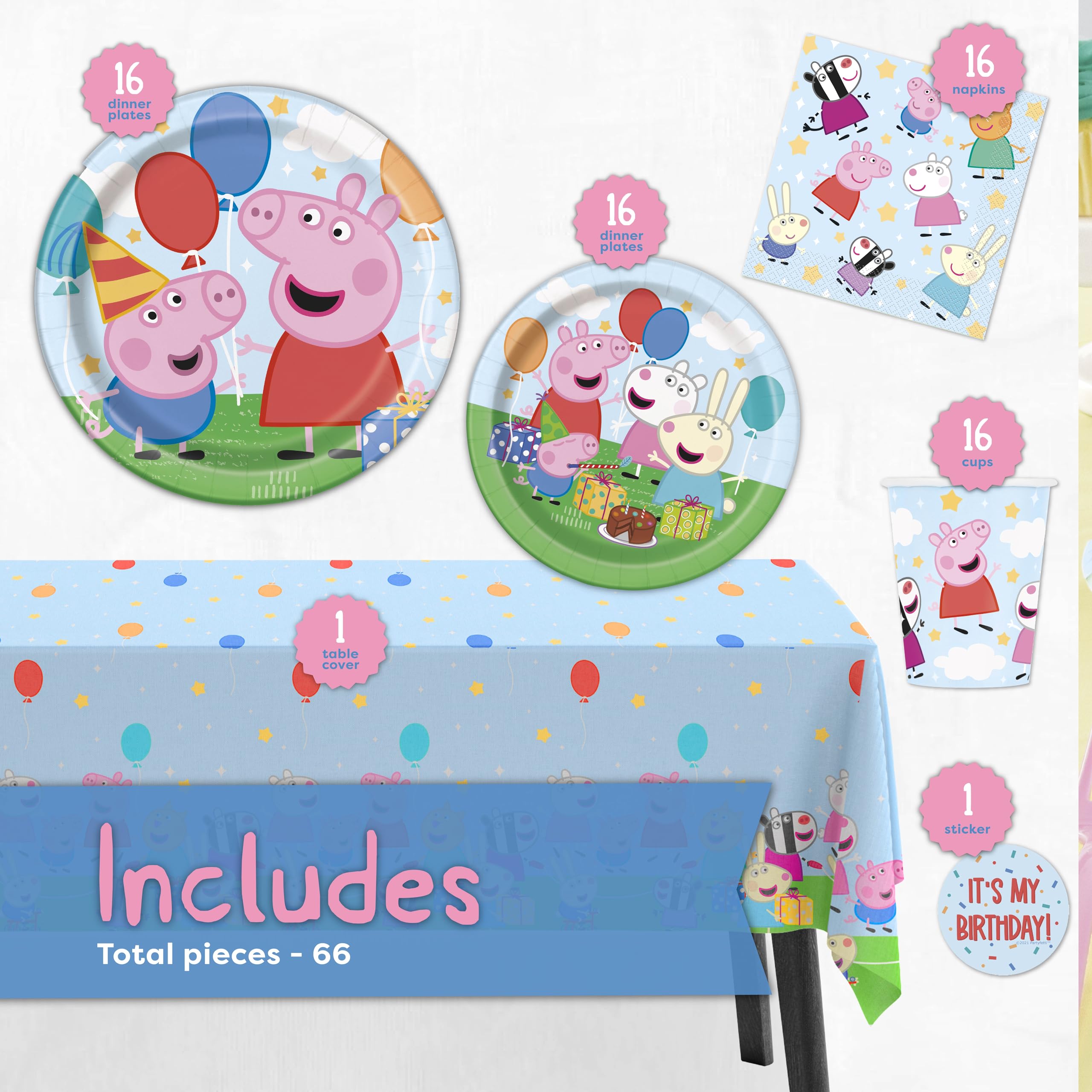 Unique Peppa Pig Birthday Party Supplies for 16 Guests – Table Cover, Plates, Napkins, Cups & Sticker
