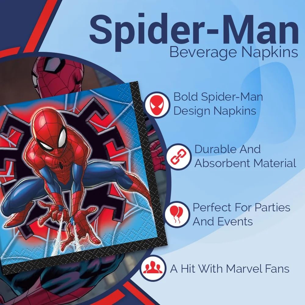 Unique Spider-Man Beverage Napkins – 5x5 in, 16 Pcs | Party Supplies