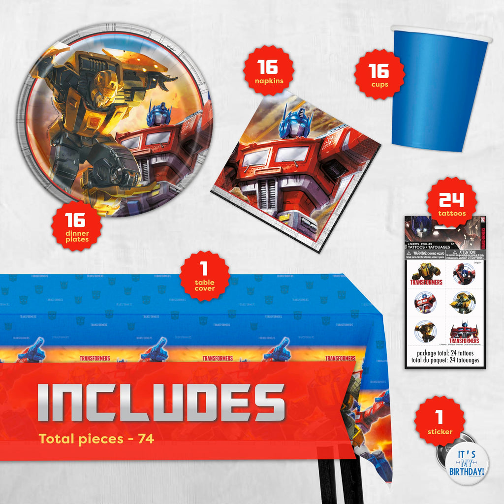 Unique Transformers Birthday Party Supplies – Serves 16 | Tablecover, Plates, Napkins, Cups, Tattoos & Button