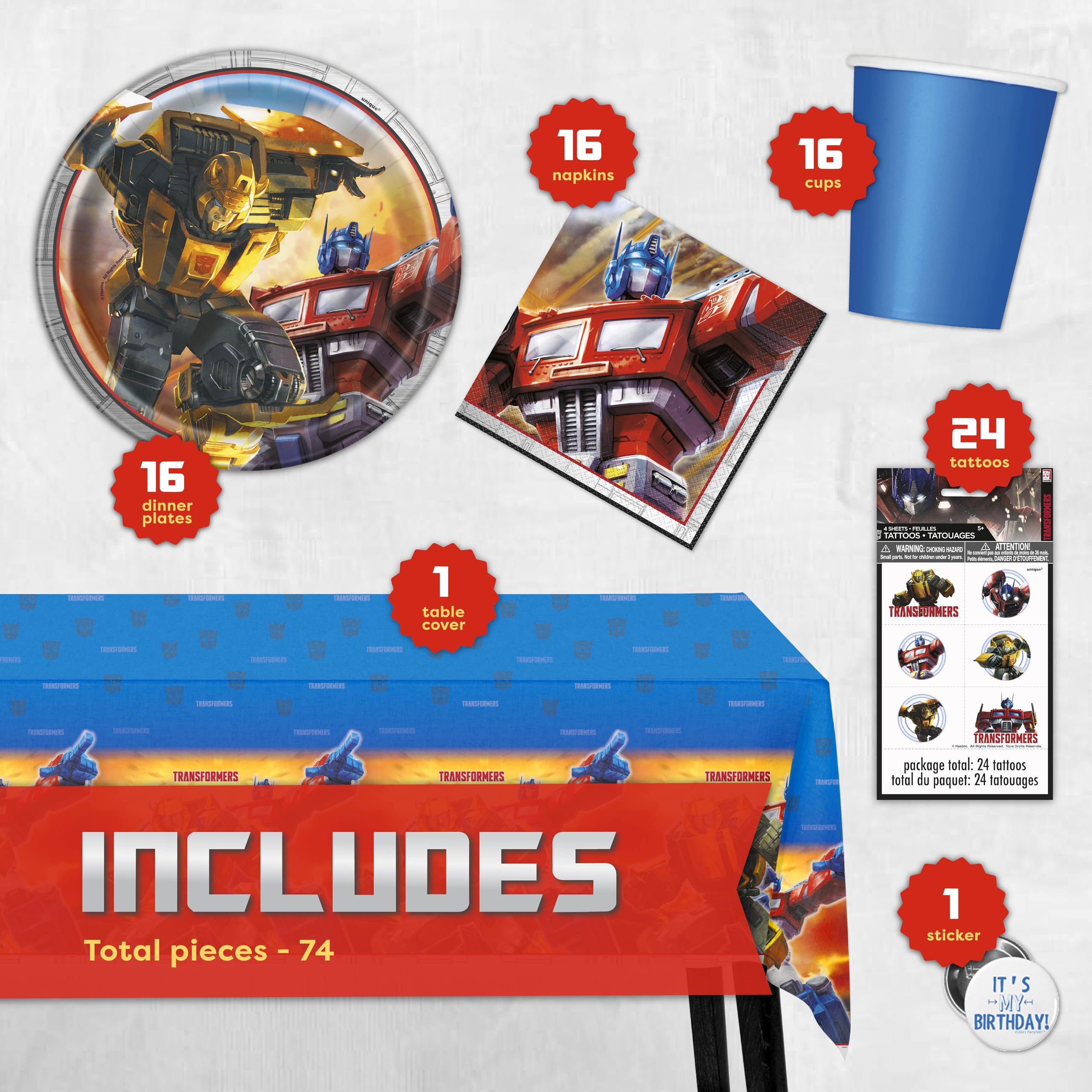 Unique Transformers Birthday Party Supplies – Serves 16 | Tablecover, Plates, Napkins, Cups, Tattoos & Button