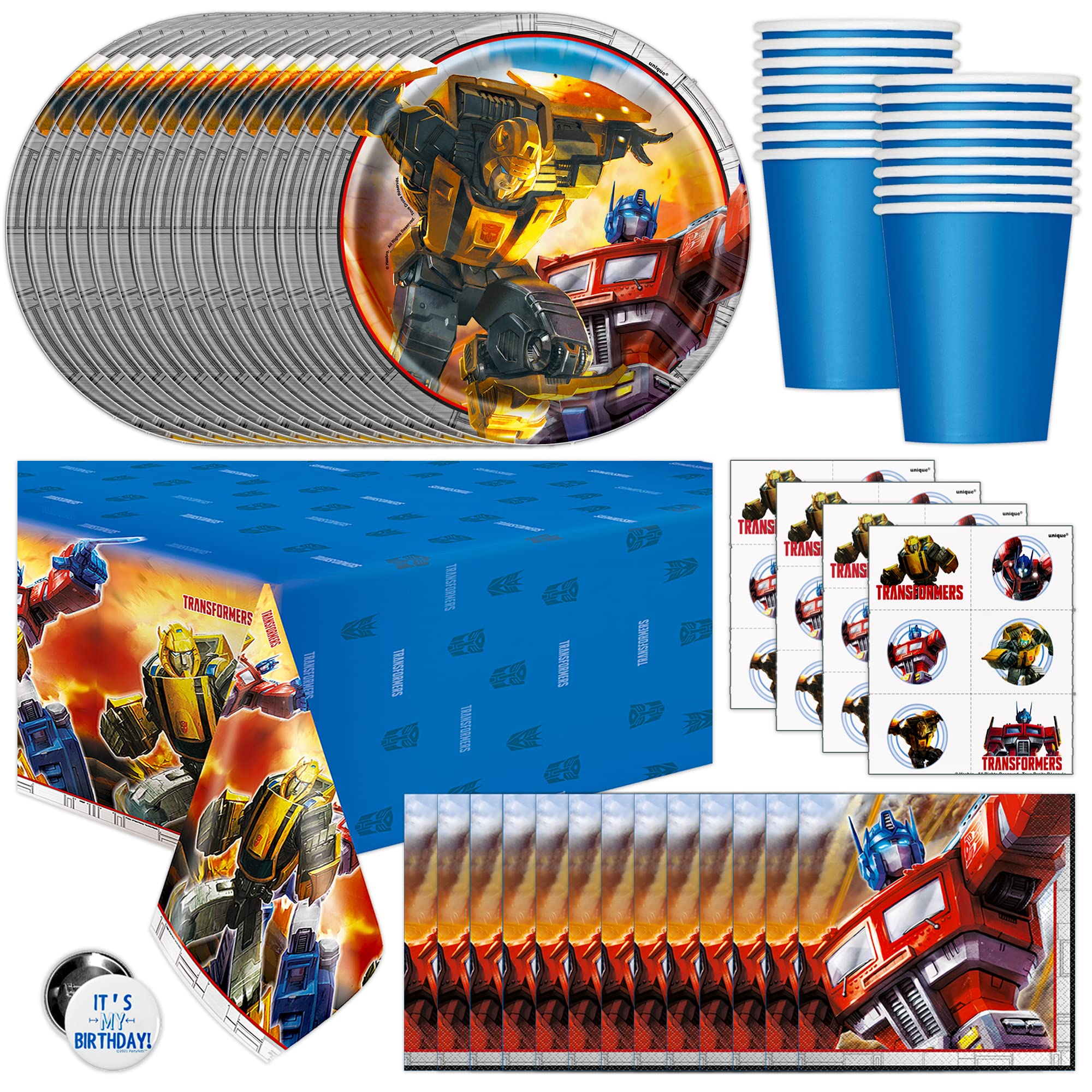 Unique Transformers Birthday Party Supplies – Serves 16 | Tablecover, Plates, Napkins, Cups, Tattoos & Button