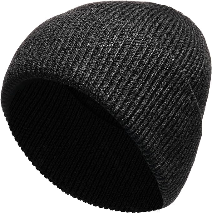 Heatwave Thermalwear Unisex Wool Knit Beanie Hat Black And Grey Windproof Insulated Turn