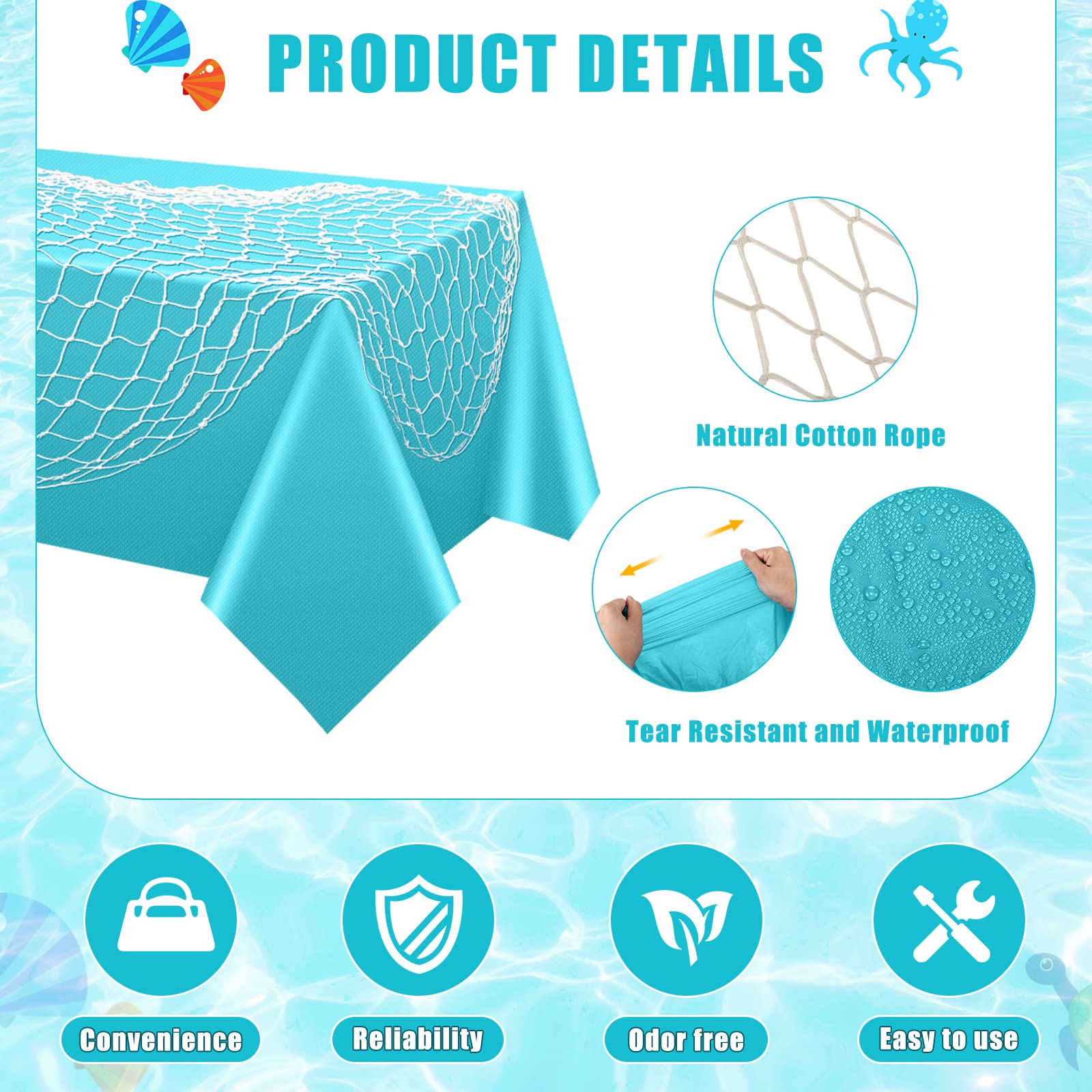 Unittype 6 Pcs Fish Net Decor & Tablecloth Set – Fresh Color Nautical Party Decorations