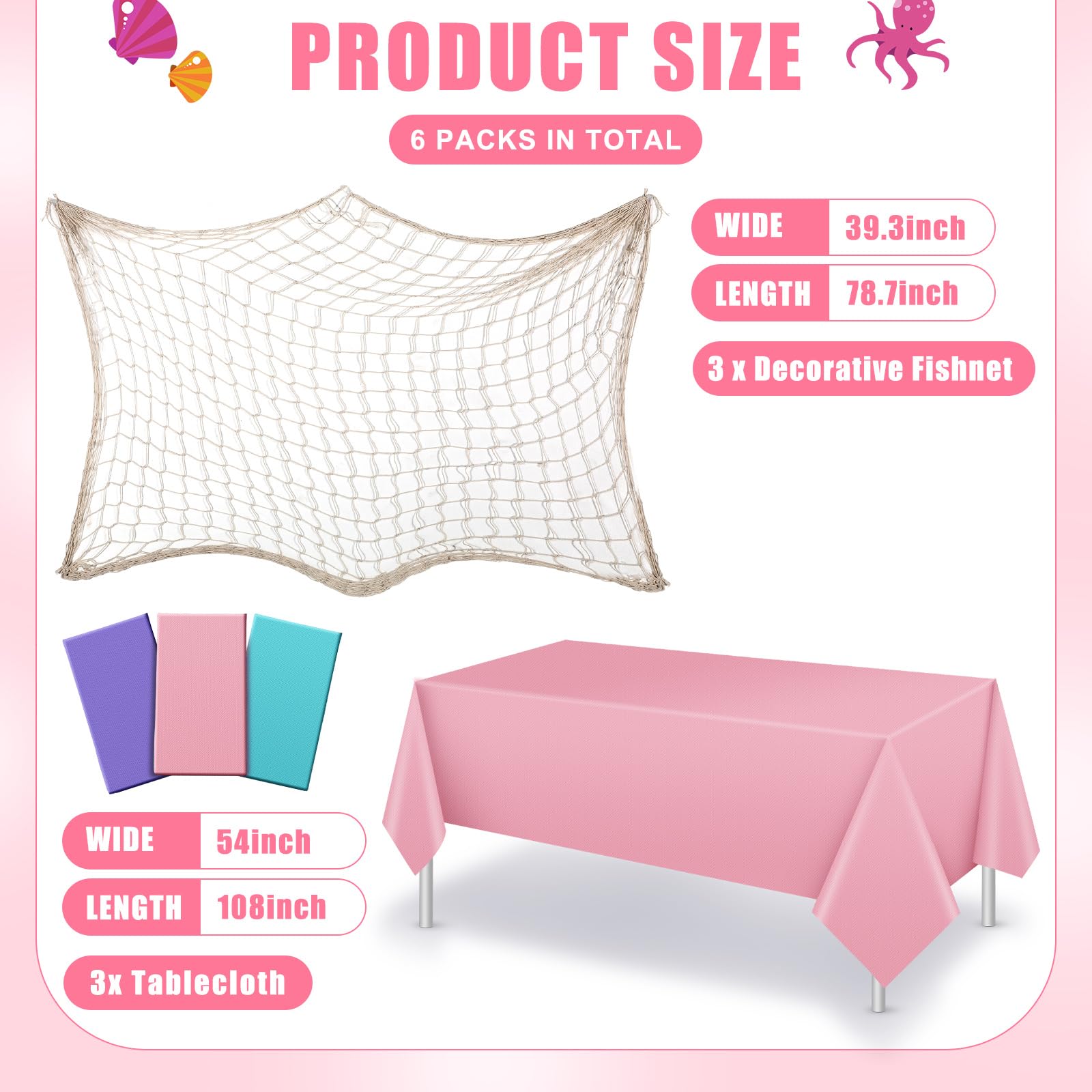 Unittype 6 Pcs Fish Net Decor & Tablecloth Set – Fresh Color Nautical Party Decorations