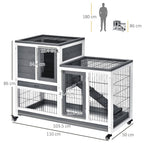 PawHut Wooden Indoor Rabbit Hutch Guinea Pig House Bunny Small Animal Cage W/Wheels Enclosed Run 110 x 50 x 86 cm, Grey