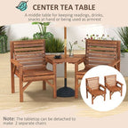 Outsunny Wooden Garden Love Seat with Coffee Table Partner Bench Tan Brown