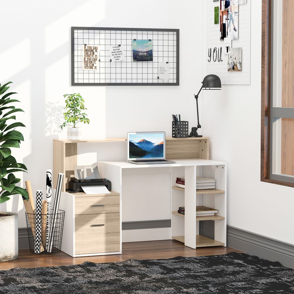 HOMCOM Computer Desk PC Table Modern Home Office Writing Workstation Furniture Printer Shelf Rack w/Storage Drawer & Shelves (Oak and white)