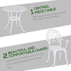 Outsunny 3PCs Garden Bistro Set Cast Aluminium Round Table with 2 Chairs White