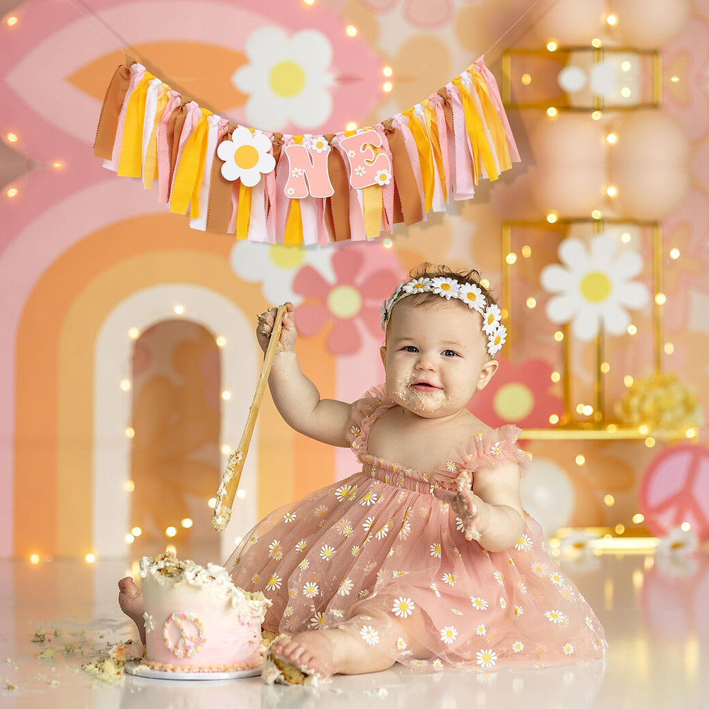 UOAOU Groovy One First Birthday High Chair Banner – Daisy Hippie Theme Decor
