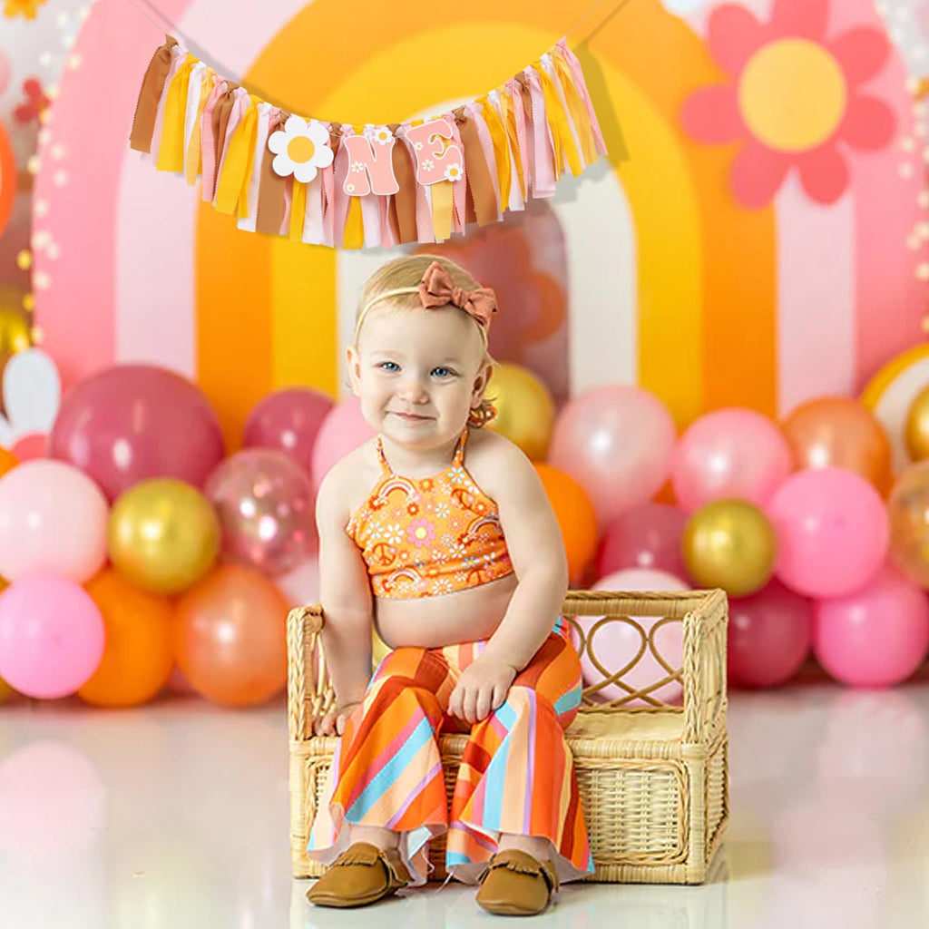 UOAOU Groovy One First Birthday High Chair Banner – Daisy Hippie Theme Decor