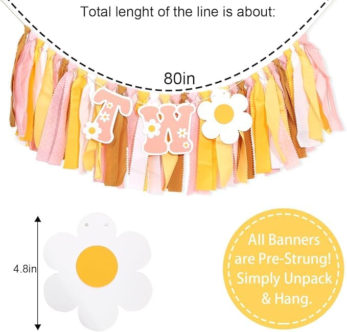 UOAOU Groovy Two Birthday High Chair Banner – Retro Daisy Hippie 2nd Birthday Decorations