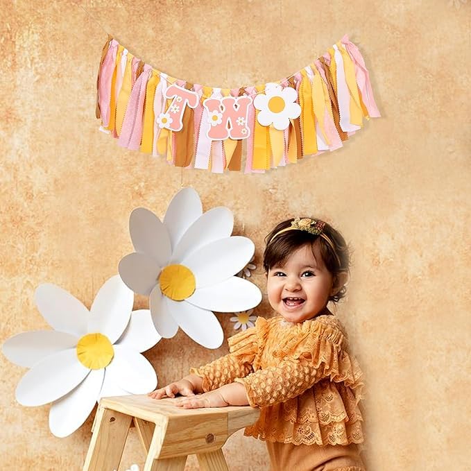 UOAOU Groovy Two Birthday High Chair Banner – Retro Daisy Hippie 2nd Birthday Decorations