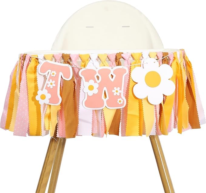 UOAOU Groovy Two Birthday High Chair Banner – Retro Daisy Hippie 2nd Birthday Decorations