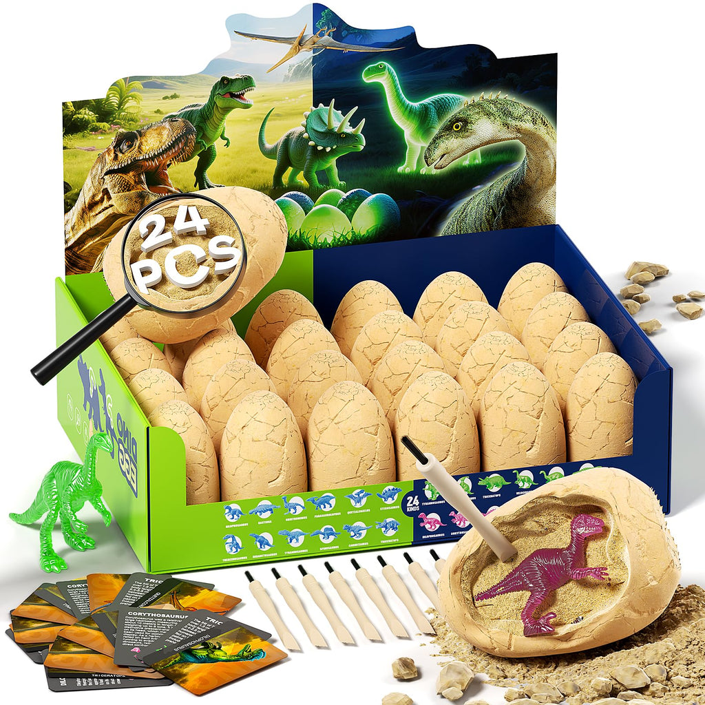 Uregoio 24 Glow-in-the-Dark Dinosaur Eggs Dig Kit – STEM Excavation & Party Favors for Kids