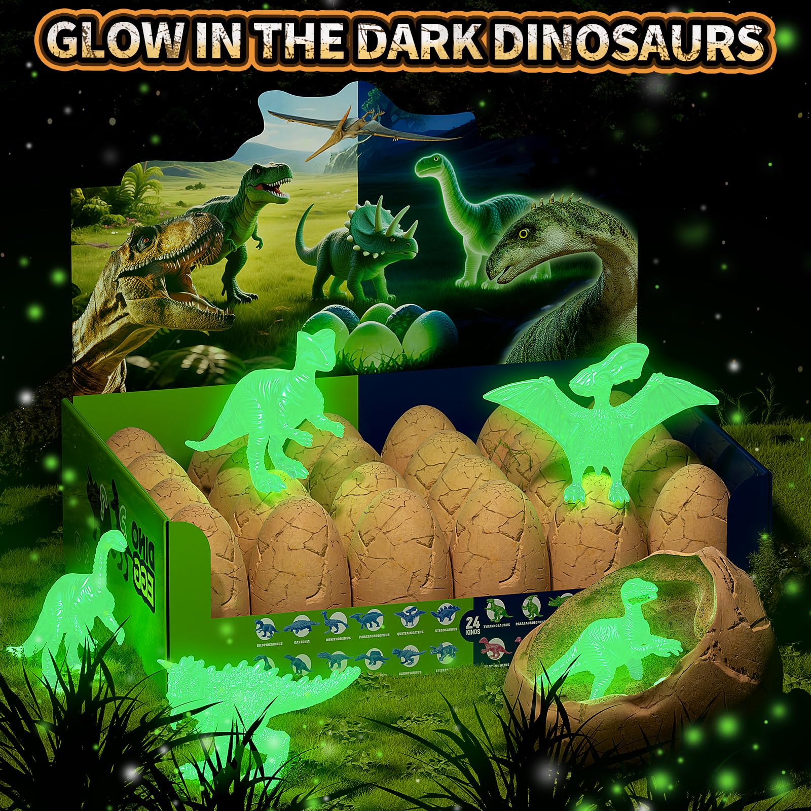Uregoio 24 Glow-in-the-Dark Dinosaur Eggs Dig Kit – STEM Excavation & Party Favors for Kids