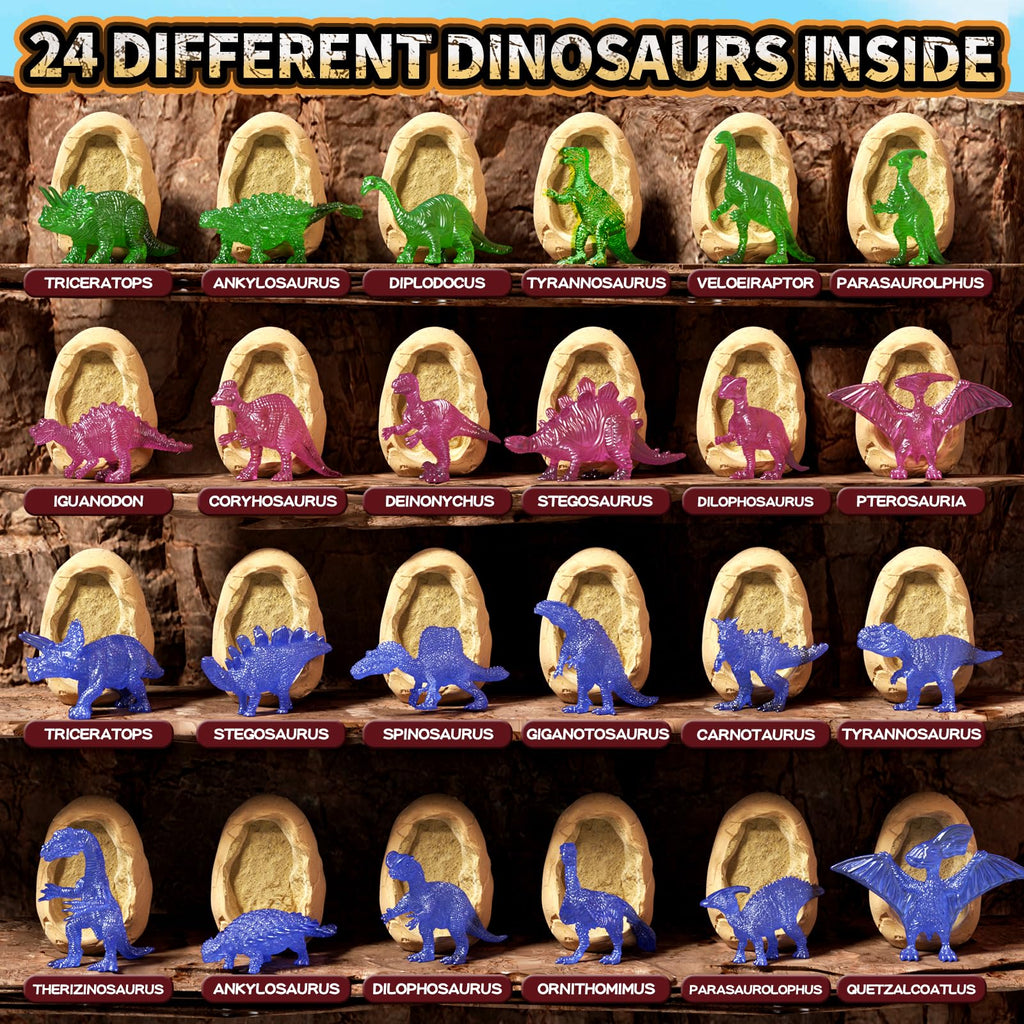 Uregoio 24 Glow-in-the-Dark Dinosaur Eggs Dig Kit – STEM Excavation & Party Favors for Kids