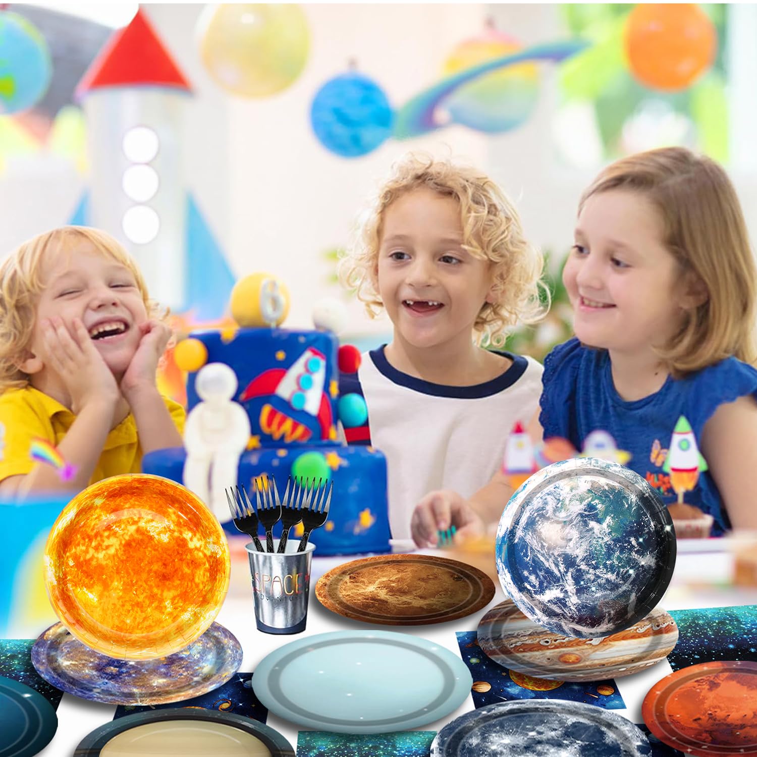 UROINEPA Space Theme Party Decorations – 100 Pcs Galaxy Plates & Napkins for Kids' Space Birthday