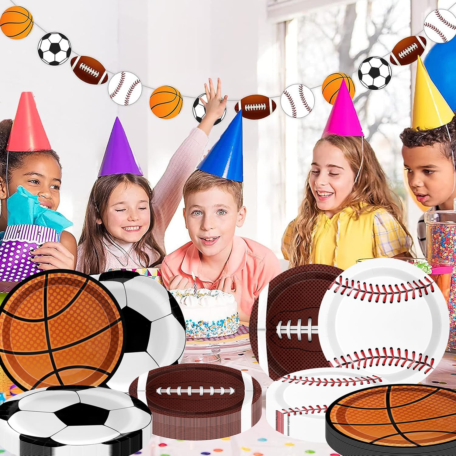 UROINEPA Sports Birthday Decorations 80Pcs – Plates & Napkins Set (Football, Soccer, Baseball, Basketball) for Boys Party