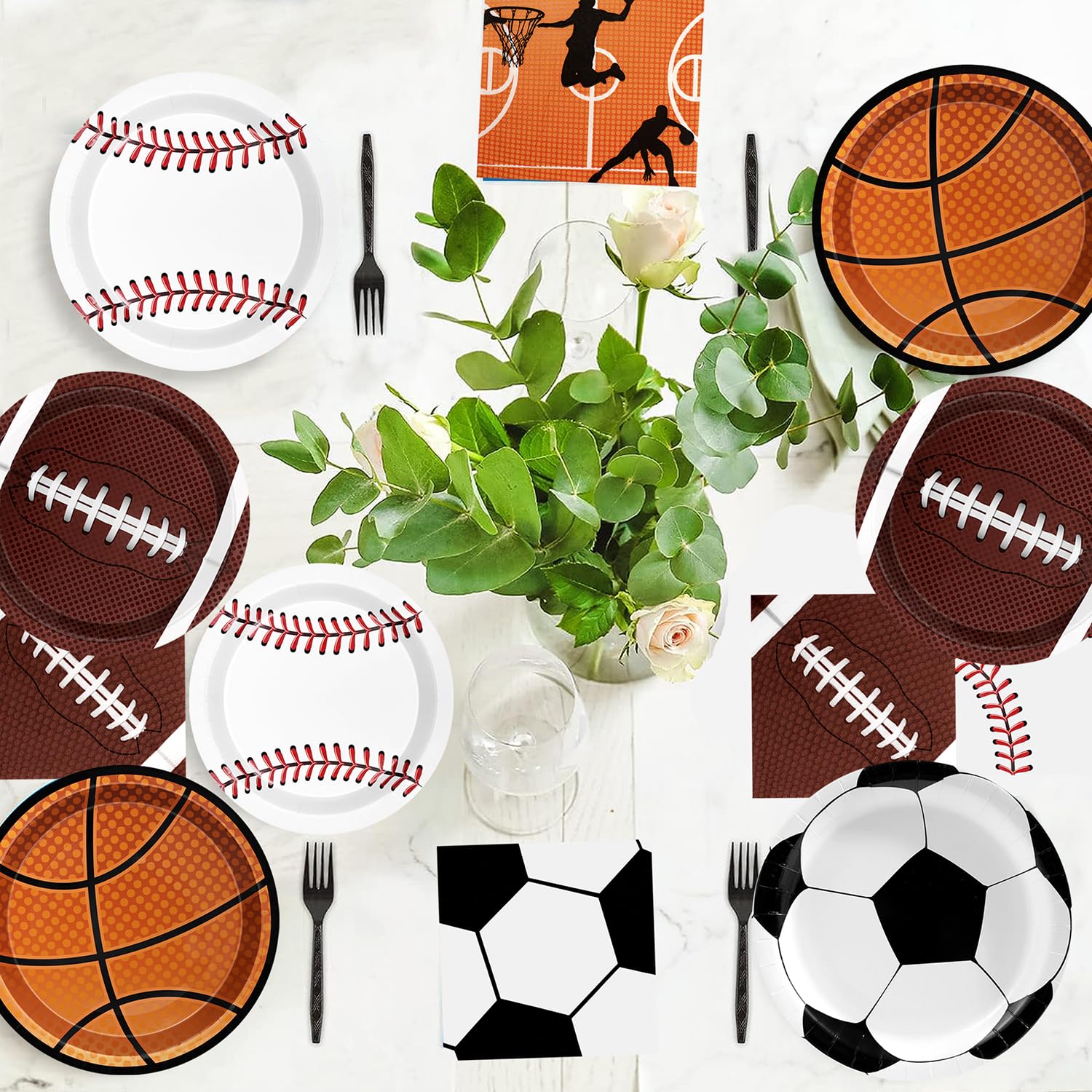 UROINEPA Sports Birthday Decorations 80Pcs – Plates & Napkins Set (Football, Soccer, Baseball, Basketball) for Boys Party
