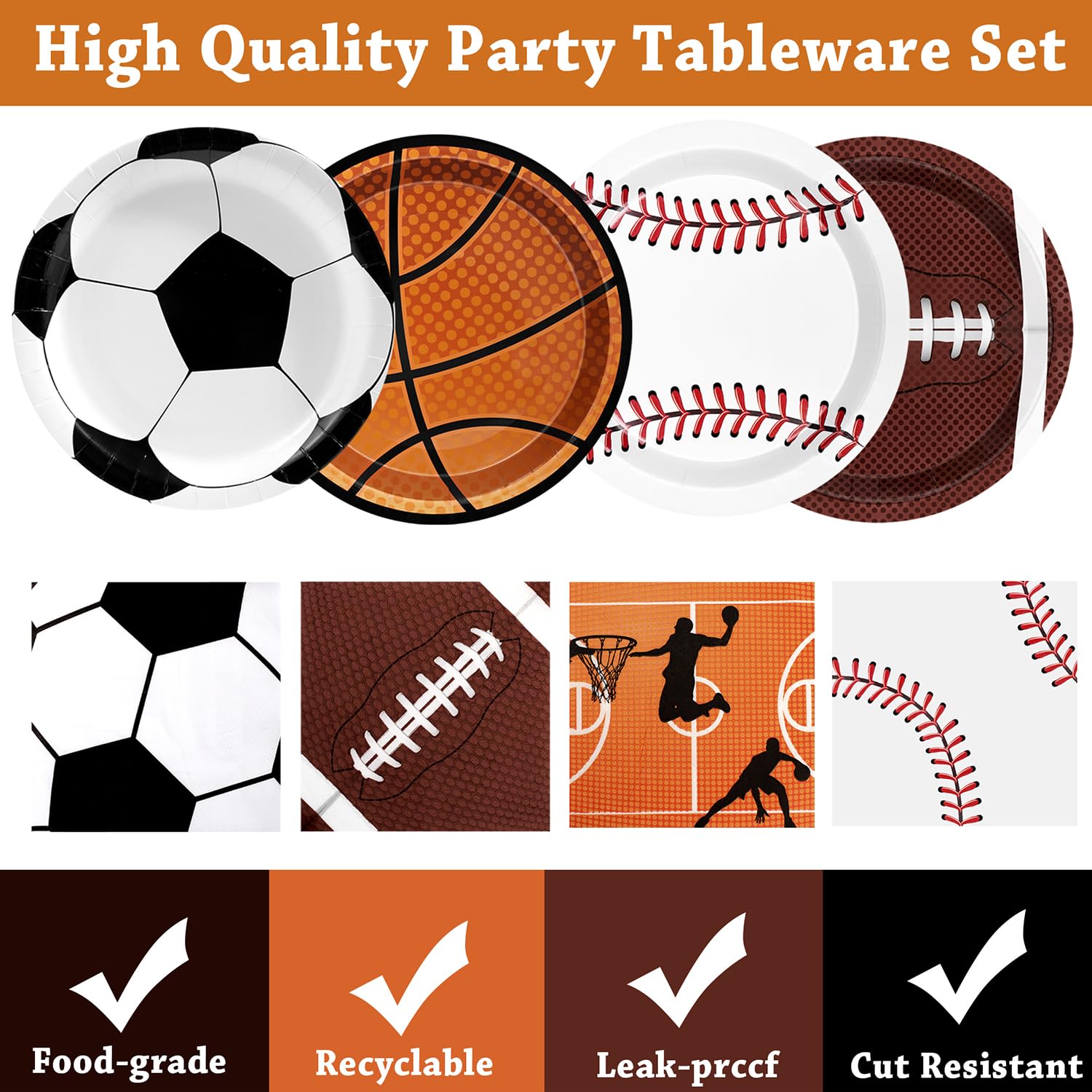 UROINEPA Sports Birthday Decorations 80Pcs – Plates & Napkins Set (Football, Soccer, Baseball, Basketball) for Boys Party