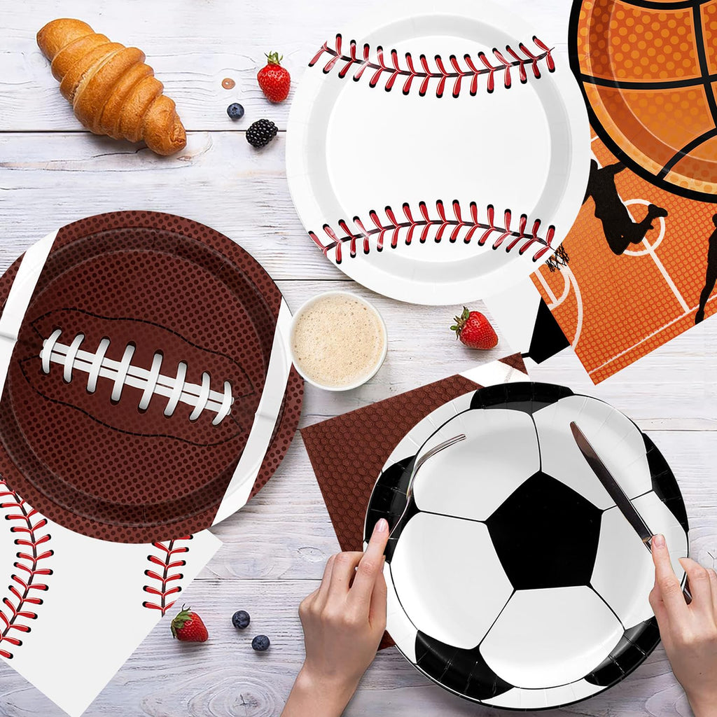 UROINEPA Sports Birthday Decorations 80Pcs – Plates & Napkins Set (Football, Soccer, Baseball, Basketball) for Boys Party