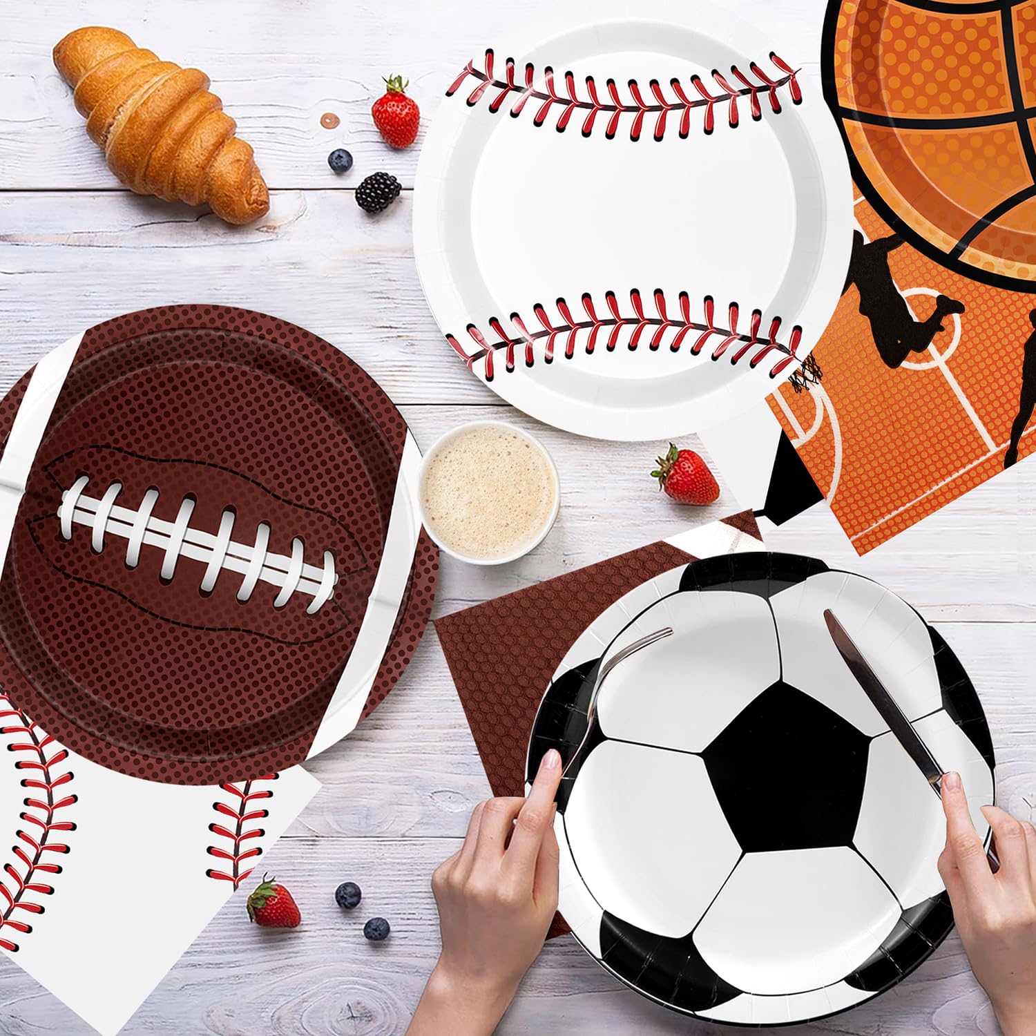 UROINEPA Sports Birthday Decorations 80Pcs – Plates & Napkins Set (Football, Soccer, Baseball, Basketball) for Boys Party