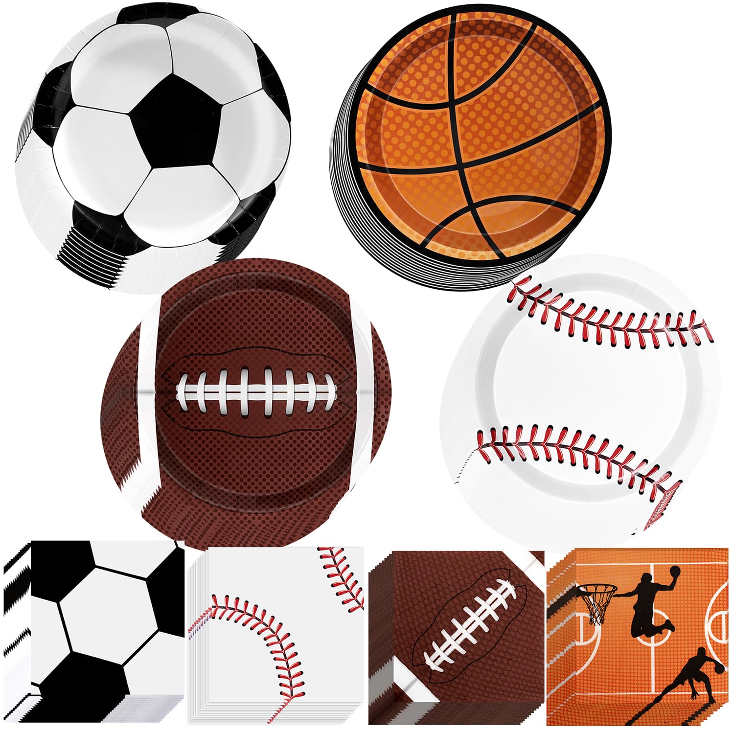 UROINEPA Sports Birthday Decorations 80Pcs – Plates & Napkins Set (Football, Soccer, Baseball, Basketball) for Boys Party