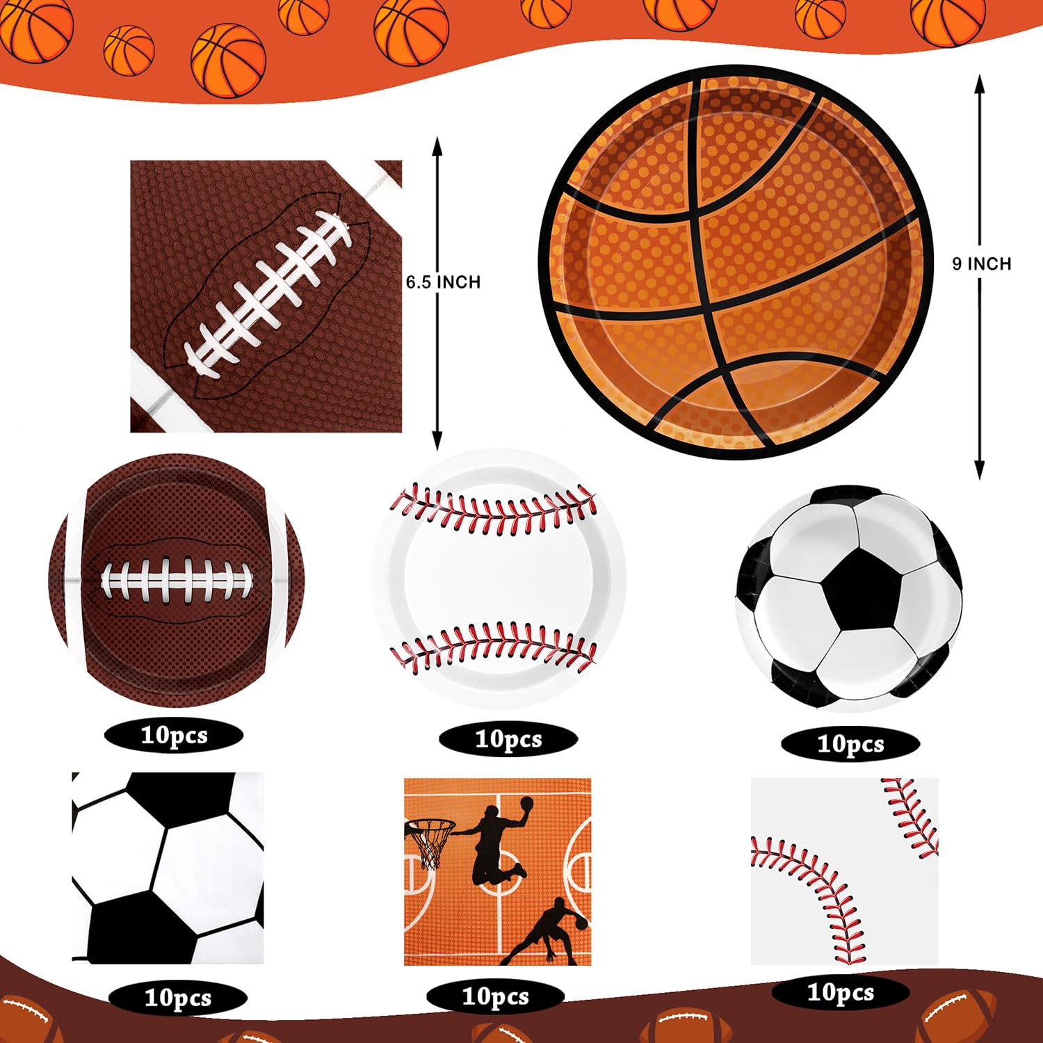 UROINEPA Sports Birthday Decorations 80Pcs – Plates & Napkins Set (Football, Soccer, Baseball, Basketball) for Boys Party