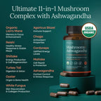 USDA Organic Lion's Mane + Ashwagandha: 10x Mushroom Complex (18,600mg/serv) for Focus & Immunity