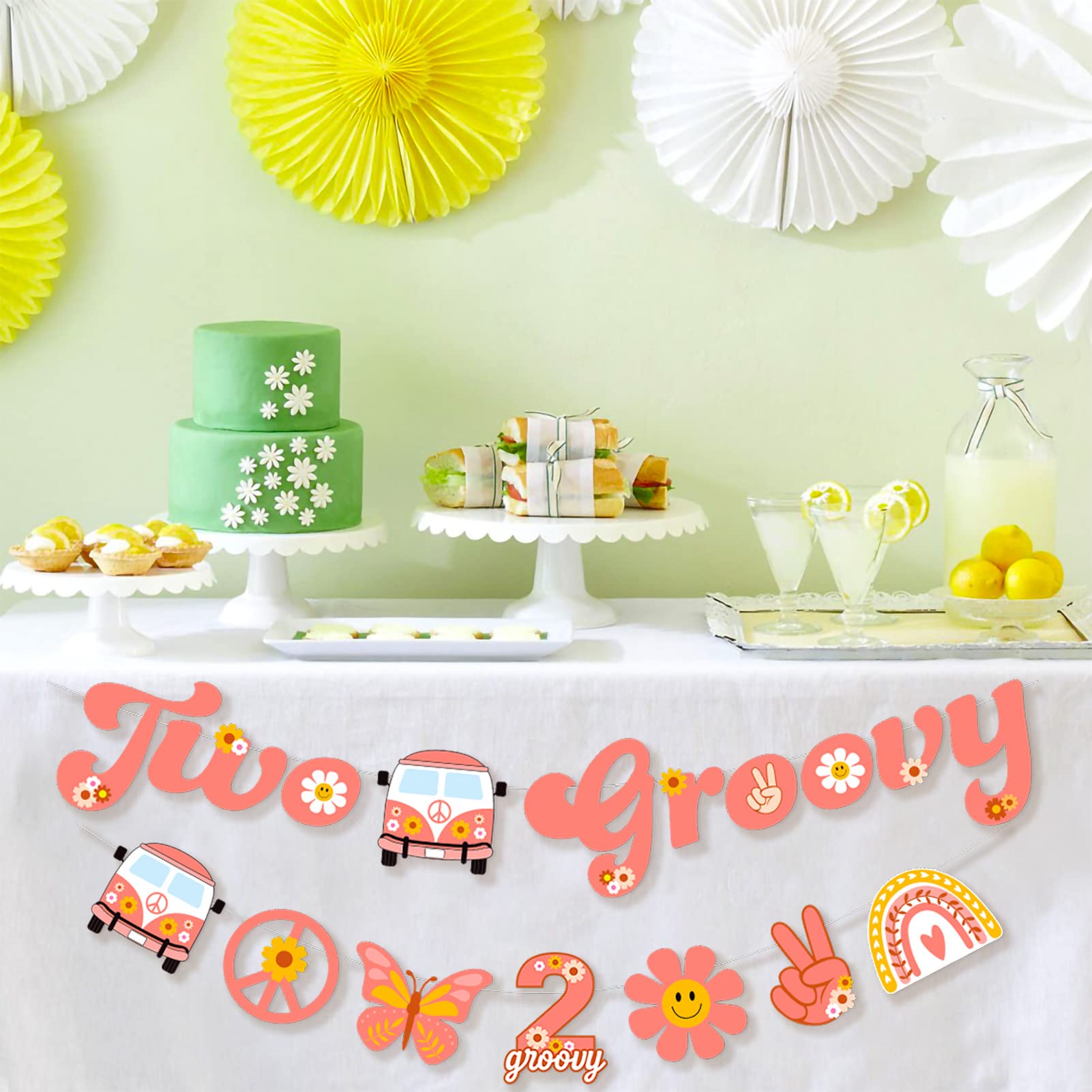 Ushinemi Two Groovy Party Decorations — Hippie Hanging Banner & Boho Garland for Kids