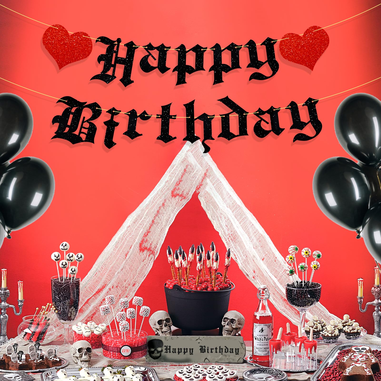 Ushinemi Pre-Strung Goth Birthday Banner – Glitter Gothic Party Decor