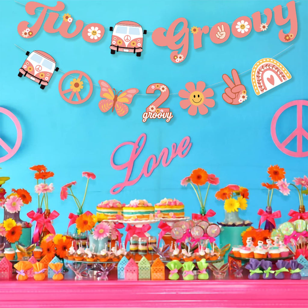 Ushinemi Two Groovy Party Decorations — Hippie Hanging Banner & Boho Garland for Kids