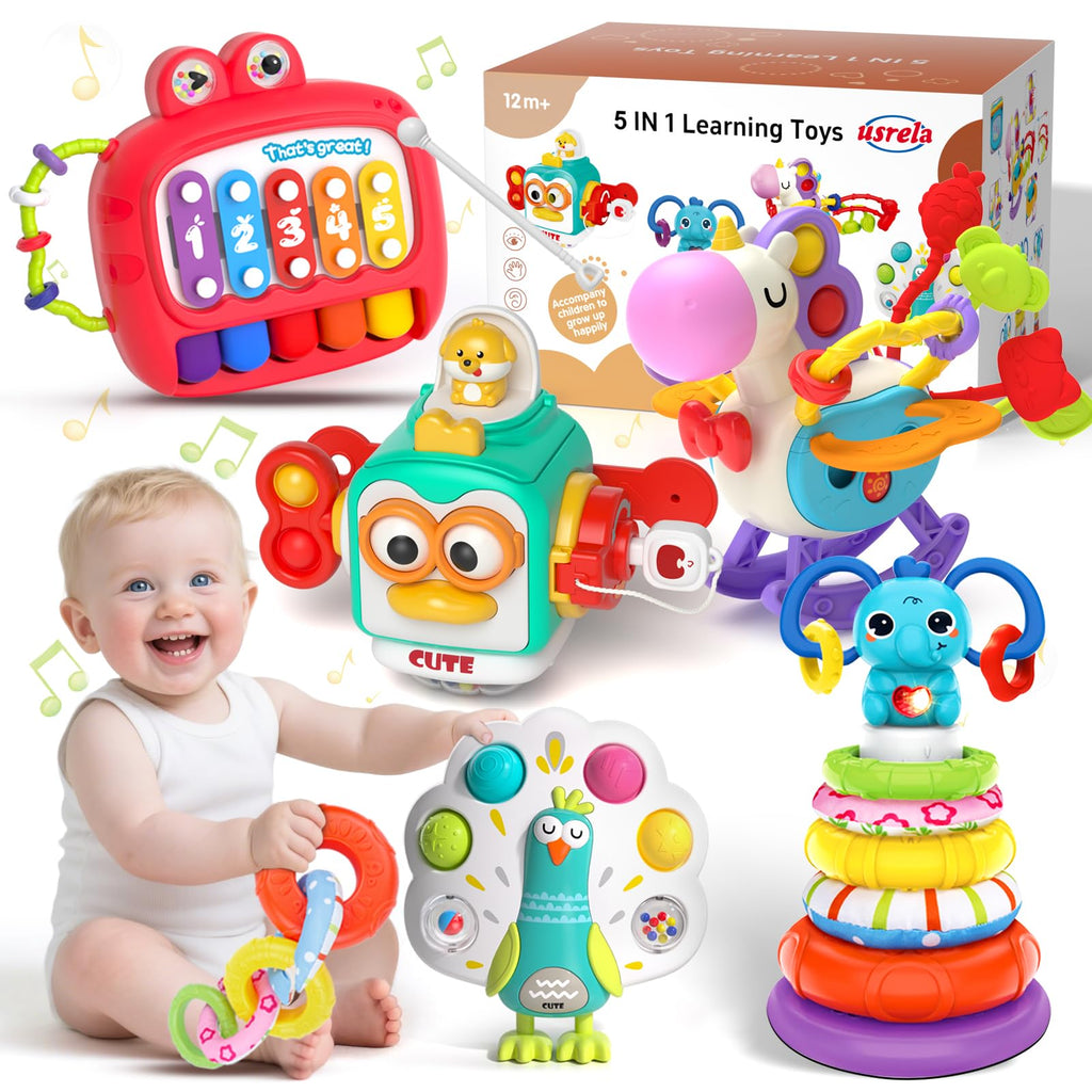 usrela 5 in 1 Baby Toy for 9-18 Months | Stacking, Sensory Cube & Piano Xylophone