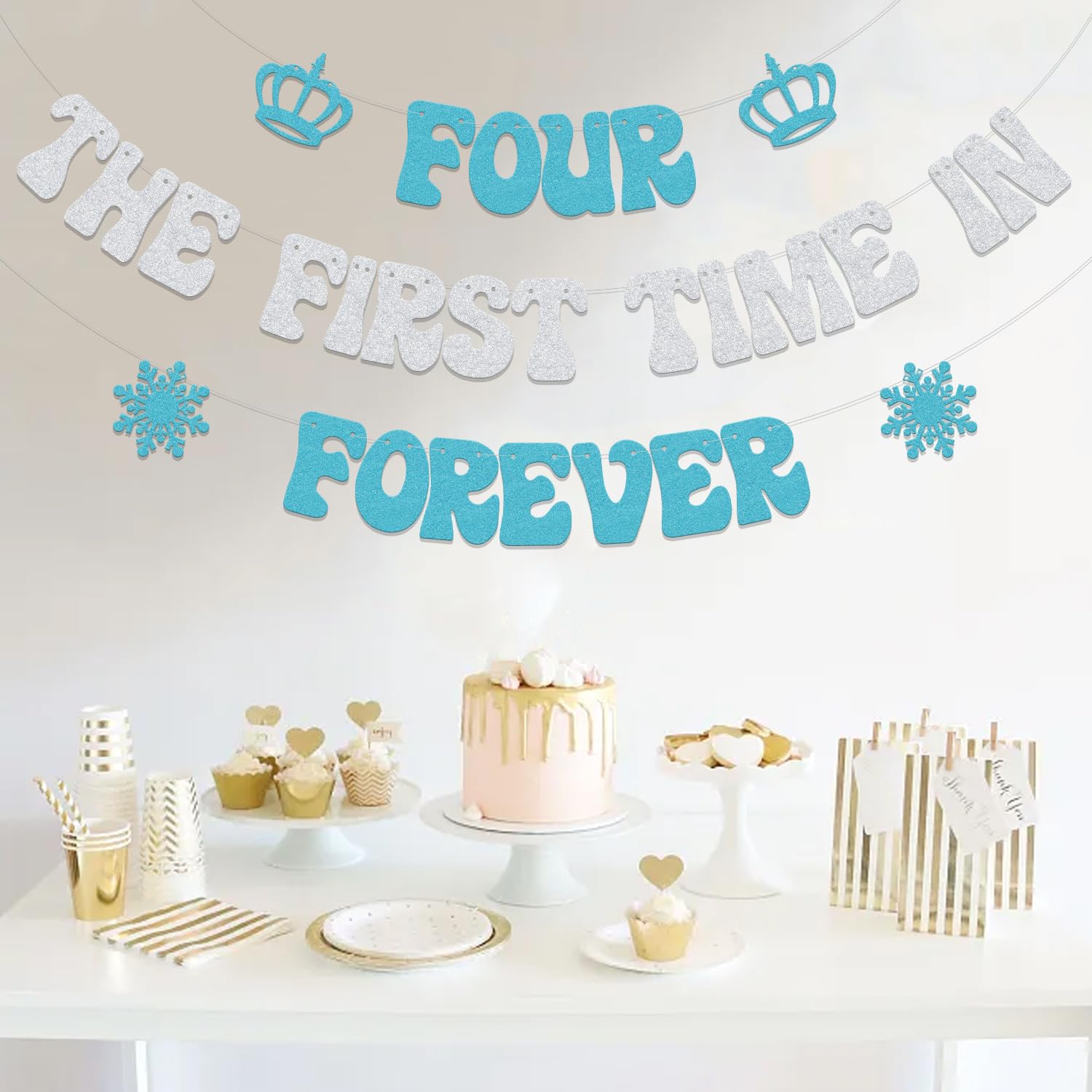 Usumz Four the First Time in Forever Banner | Snowflake 4th Birthday Decoration | Silver & Light Blue Glitter