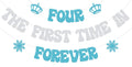 Usumz Four the First Time in Forever Banner | Snowflake 4th Birthday Decoration | Silver & Light Blue Glitter